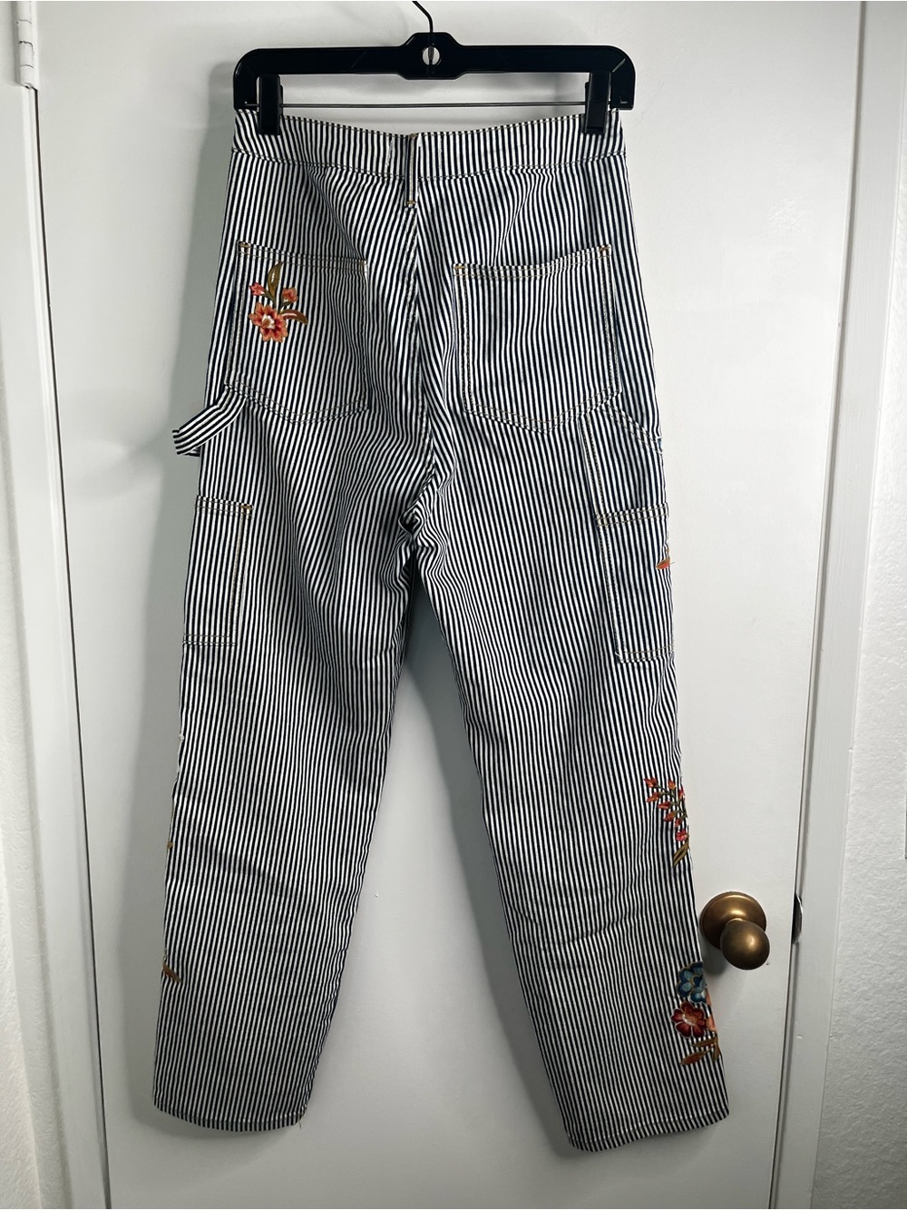 DRIFTWOOD Navy White Striped Floral Carpenter Pants 27 Embroidered Boho Railroad - Picture 8 of 16